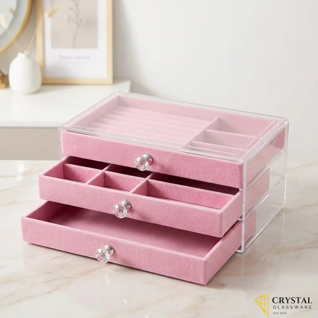 Acrylic jewelry organizer with three pink velvet drawers